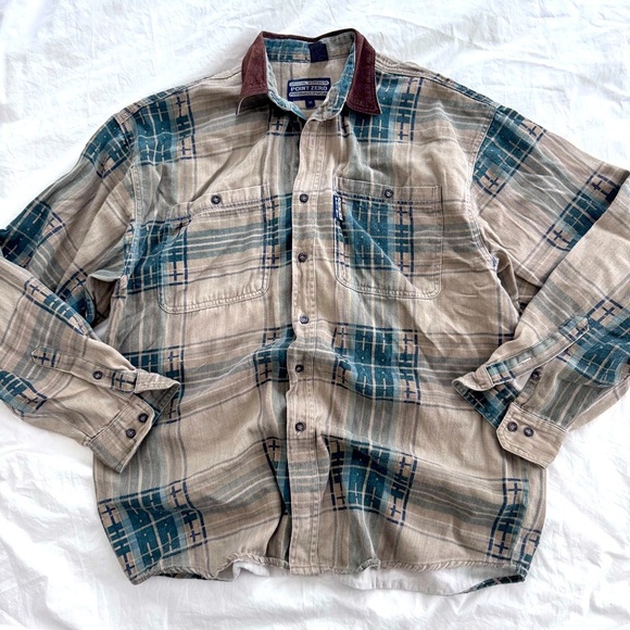 POINT ZERO WORKWEAR VINTAGE PLAID BUTTON DOWN TAN AND TEAL - M - Picture 4 of 17